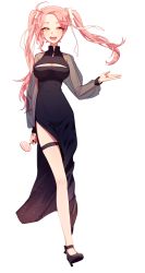 Rule 34 | 1girl, black dress, black nails, bow, candy, cleavage cutout, clothing cutout, dress, eyelashes, food, footwear bow, full body, hair blowing, hair ribbon, hand up, high heels, highres, hisu (hiss 1107), lollipop, long hair, looking at viewer, nail polish, original, ribbon, scrunchie, see-through, see-through sleeves, shoes, side slit, simple background, smile, solo, standing, strappy heels, thigh strap, transparent ribbon, transparent sleeves, twintails, very long hair, white background, yellow eyes