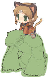Rule 34 | 1990s (style), 1girl, 7010, animal ears, brown hair, chibi, green eyes, horns, little horn, lowres, monster, monster farm, pointy ears, riding, solo, tail