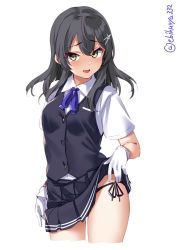 Rule 34 | 1girl, black hair, black skirt, black vest, blue ribbon, blush, buttons, clothes lift, collared shirt, cowboy shot, cropped legs, ebifurya, gloves, green eyes, highres, kantai collection, lifted by self, long hair, open mouth, oyashio (kancolle), pleated skirt, ribbon, shirt, short sleeves, simple background, skirt, skirt lift, smile, solo, twitter username, vest, white background, white gloves, white shirt