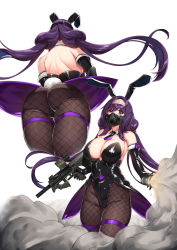 Rule 34 | 1girl, absurdres, animal ears, bow, bowtie, breasts, covered navel, detached collar, fake animal ears, fake tail, fishnet pantyhose, fishnets, from behind, from below, gas mask, gloves, gun, hie (hiememiko), hiememiko, highres, large breasts, leotard, long hair, mask, original, pantyhose, playboy bunny, purple eyes, purple hair, rabbit ears, rabbit tail, rifle, smoke grenade, strapless, strapless leotard, tail, twintails, weapon, wing collar, wrist cuffs