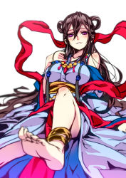 Rule 34 | 1girl, anklet, bare shoulders, barefoot, black hair, blurry, blush, breasts, depth of field, feet, grin, hair rings, hong (white spider), izanami (p&amp;d), jewelry, large breasts, long hair, purple eyes, puzzle &amp; dragons, shawl, smile, soles, solo, toes, very long hair