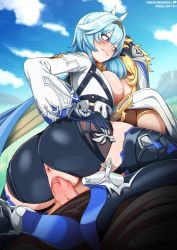 Rule 34 | 1boy, 1girl, aether (genshin impact), anus, ass, ass focus, back, black footwear, black hairband, black headband, blonde hair, blue hair, blush, boots, breasts, clothed sex, clothing cutout, erection, eula (genshin impact), feet, from behind, genshin impact, girl on top, gloves, hair ornament, hairband, hand in another&#039;s hair, hand on another&#039;s head, headband, hetero, high-waist shorts, high heel boots, high heels, large breasts, large penis, long sleeves, medium hair, multicolored eyes, neocoill, nipples, penis, pussy, sex, shoes, shorts, shoulder cutout, smile, thigh boots, thigh strap, thighhighs, thighs, uncensored, vaginal