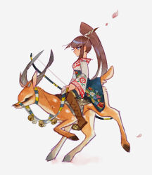 Rule 34 | 1girl, boots, botjira, bow (weapon), brown footwear, brown hair, commentary, deer, english commentary, floral print, high ponytail, highres, original, ponytail, profile, reins, riding, riding animal, saddle, sidelocks, solo, thigh boots, weapon, white background, wide sleeves