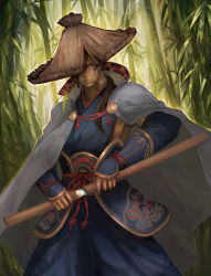 Rule 34 | 1boy, bamboo, bamboo forest, brown hair, cape, commentary, closed eyes, forest, hat, hayashizaki jinsuke, holding, holding sword, holding weapon, katana, long hair, male focus, mouth hold, nature, original, real life, rice hat, saya (scabbard), solo, sword, totteri, weapon