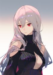 Rule 34 | alternate costume, arknights, ask (askzy), breasts, clothing cutout, dress, earrings, gradient background, grey background, hair between eyes, jewelry, large breasts, long hair, off-shoulder dress, off shoulder, red eyes, shoulder cutout, simple background, skadi (arknights), solo, white hair