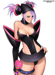 Rule 34 | 1girl, 2007, black leotard, blue eyes, bodysuit, breasts, bridal gauntlets, cleavage, collar, covered navel, detached sleeves, hand on own hip, helmet, large breasts, leotard, mole, mole under eye, original, purple eyes, purple hair, ryu (ryu&#039;s form site), science fiction, simple background, solo, twintails, wand, white background