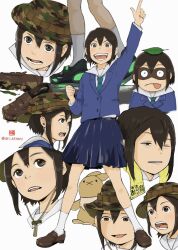 Rule 34 | 1girl, asakusa midori, blue jacket, brown eyes, brown footwear, brown hair, camouflage, camouflage headwear, clenched hand, commentary, eizouken ni wa te wo dasu na!, hat, highres, jacket, multiple views, one eye closed, open mouth, pointing, pointing up, school uniform, short hair, skirt, smile, socks, stuffed toy, vwrq2585, white socks
