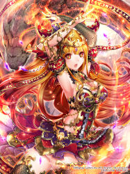 Rule 34 | 1girl, :o, armlet, armpits, arms up, black thighhighs, breasts, brown hair, cleavage, clothing cutout, company name, copyright name, dragon, dragon tactics, frills, gem, gold trim, highres, horns, long hair, looking at viewer, medium breasts, official art, orange eyes, scales, side cutout, skyscope, sparkle, standing, thighhighs, twisted torso, very long hair
