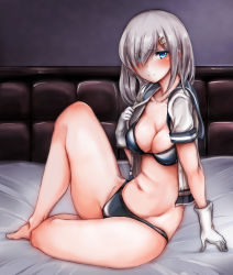 Rule 34 | 10s, 1girl, arm support, bare legs, barefoot, bed, bed sheet, black bra, black panties, blue-burn, blue eyes, bra, breasts, colored eyelashes, covered erect nipples, eyes visible through hair, gloves, hair ornament, hair over one eye, hairclip, hamakaze (kancolle), kantai collection, looking at viewer, midriff, navel, open clothes, panties, school uniform, serafuku, short hair, silver hair, sitting, solo, stomach, thighs, underwear, white gloves