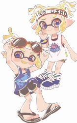 Rule 34 | 2girls, black shorts, blonde hair, blue shirt, closed mouth, commentary request, eyewear on head, fang, flip-flops, headband, highres, inkling, inkling girl, inkling player character, kome 626, medium hair, multiple girls, nintendo, open mouth, print shirt, red-framed eyewear, sandals, shirt, shorts, simple background, skin fang, sleeveless, sleeveless shirt, smile, splatoon (series), sunglasses, tentacle hair, thick eyebrows, twintails, white background
