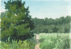 blue_sky bush cloud day forest fumeshi grass highres nature no_humans original outdoors painting_(medium) path plant road scenery shadow sky traditional_media tree watercolor_(medium)