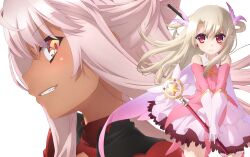 Rule 34 | 2girls, bare shoulders, blonde hair, cape, chloe von einzbern, closed mouth, commentary request, dark-skinned female, dark skin, detached sleeves, dress, elbow gloves, fate/kaleid liner prisma illya, fate (series), feather hair ornament, feathers, gloves, hair between eyes, hair ornament, holding, holding wand, illyasviel von einzbern, long hair, long sleeves, looking at viewer, magical girl, magical ruby, multiple girls, official art, pink dress, pink hair, pink sleeves, prisma illya, profile, red eyes, simple background, straight-on, teeth, wand, white background, white gloves, yellow eyes