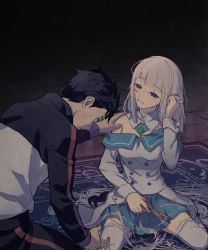 Rule 34 | 1boy, 1girl, absurdres, alternate universe, black hair, breasts, buttons, commentary request, cutting hair, cutting own hair, detached collar, emilia (re:zero), eyelashes, hand in own hair, hand on another&#039;s shoulder, hand up, highres, holding, holding own hair, holding scissors, iwamushi, jacket, natsuki subaru, off shoulder, pants, parted lips, pleated skirt, re:zero kara hajimeru isekai seikatsu, scissors, short hair, sitting, skirt, smile, sweat, thighhighs