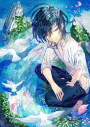Rule 34 | 1boy, barefoot, bird, blue hair, blue pants, broken pillar, closed mouth, collared shirt, cowlick, dark blue hair, dove, falling petals, full body, grass, grey eyes, hair between eyes, hand on own thigh, hand up, light smile, looking to the side, male focus, mura karuki, original, pants, partially unbuttoned, petals, petals on liquid, pillar, ripples, shirt, short hair, sleeves past elbows, solo, squatting, swept bangs, water, white shirt