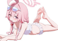 Rule 34 | 1girl, absurdres, ahoge, ass, bare legs, barefoot, bikini, blue archive, eyewear on head, feet up, frilled bikini, frills, halo, heterochromia, highres, hoshino (blue archive), hoshino (swimsuit) (blue archive), hwoi (hw 123), looking at viewer, lying, on stomach, pink hair, soles, solo, strap slip, swimsuit, the pose, tinted eyewear, toes, twintails, white bikini