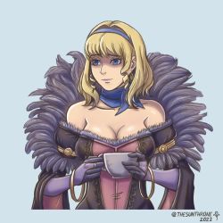 Rule 34 | 1girl, 2022, bangle, bare shoulders, black dress, blonde hair, blue background, blue choker, blue eyes, blue hairband, bracelet, breasts, choker, cleavage, collarbone, commentary, constance von nuvelle, dress, drill hair, drill sidelocks, earrings, english commentary, fire emblem, fire emblem: three houses, fire emblem warriors: three hopes, gloves, hairband, highres, jewelry, medium breasts, nintendo, off-shoulder dress, off shoulder, purple gloves, purple lips, shaded face, short hair, sidelocks, simple background, smile, solo, sunthrone, upper body