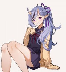 Rule 34 | 1girl, black hair, black serafuku, blue hair, blush, cardigan, commentary, earrings, feet out of frame, hair ribbon, horns, jewelry, long hair, long sleeves, looking to the side, mole, mole under mouth, multicolored hair, nijisanji, oni, open cardigan, open clothes, pointy ears, ponytail, purple eyes, red neckwear, ribbon, rindou mikoto, sailor collar, school uniform, seinen, serafuku, short eyebrows, simple background, sitting, sketch, skin-covered horns, skirt, sleeves past wrists, smile, solo, streaked hair, thick eyebrows, virtual youtuber