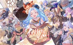 Rule 34 | &gt; &lt;, 2022, 4boys, 6+girls, :&lt;, animal ears, animal print, armor, bag, bai (granblue fantasy), black gloves, blue hair, blue headwear, bowl, breastplate, breasts, brown coat, brown dress, brown hair, candy, cassius (granblue fantasy), cat, cat print, chocolate, chocolate heart, choker, cleavage, closed eyes, coat, company name, copyright notice, covering own mouth, dark-skinned female, dark-skinned male, dark skin, detached sleeves, dragon horns, dress, eustace (granblue fantasy), ewiyar (granblue fantasy), facing viewer, fang, fediel (granblue fantasy), food, galleon (granblue fantasy), gauntlets, gloves, granblue fantasy, grey hair, grimnir (granblue fantasy), hair ornament, hair over one eye, hat, heart, holding, holding paper, horns, huang (granblue fantasy), index finger raised, laolao (granblue fantasy), letter, looking at viewer, lyria (granblue fantasy), mouth hold, multicolored hair, multiple boys, multiple girls, narmaya (granblue fantasy), nehan (granblue fantasy), nib pen (object), official art, open mouth, paper, parted bangs, pen, pink hair, pointy ears, purple eyes, purple hair, quill, satchel, short hair, siegfried (granblue fantasy), smile, streaked hair, sweater, turtleneck, turtleneck sweater, v-shaped eyebrows, vambraces, vyrn (granblue fantasy), wamdus (granblue fantasy), white gloves, window