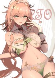 Rule 34 | 1girl, 360 (taiyo360), absurdres, arknights, blush, bra, braid, breast tattoo, breasts, character name, cowboy shot, erato (arknights), feather hair, green bra, green eyes, green nails, green panties, hand up, harp, heart, highres, infection monitor (arknights), instrument, large breasts, long hair, nail polish, navel, open mouth, panties, pink hair, simple background, solo, tattoo, thigh gap, thighs, underboob, underwear, white background