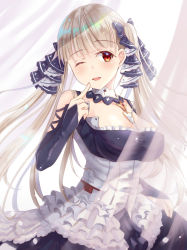 Rule 34 | 1girl, absurdres, azur lane, between breasts, black bow, black dress, bow, breasts, clothing cutout, commentary request, curtains, dress, fingernails, formidable (azur lane), hair bow, hand up, highres, holmemee, index finger raised, large breasts, light brown hair, long hair, long sleeves, looking at viewer, one eye closed, parted lips, petals, red eyes, shoulder cutout, simple background, sleeves past wrists, solo, teeth, transparent, twintails, upper teeth only, very long hair, white background