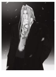 Rule 34 | 1boy, alternate costume, coat, commentary, english commentary, final fantasy, final fantasy vii, greyscale, hand in pocket, highres, long bangs, long coat, long hair, looking at viewer, male focus, monochrome, night, outdoors, parted bangs, scarf, sephiroth, shirt, smile, snow, snowing, solo, standing, xscr1205