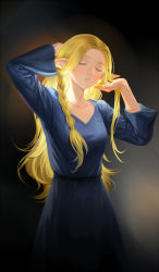 Rule 34 | 1girl, arms up, backlighting, bad id, bad pixiv id, black background, blonde hair, blue dress, braid, breasts, changye, closed eyes, cowboy shot, dress, dungeon meshi, eyelashes, facing viewer, highres, long hair, long sleeves, marcille donato, medium breasts, pointy ears, robe, side braid, single braid, solo, v-neck, wide sleeves