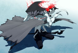Rule 34 | 10s, 1girl, abyssal ship, black pants, bodysuit, cane, cape, colored skin, covered navel, glowing, glowing eyes, hat, kantai collection, pants, red eyes, shirubaburu, short hair, sidelocks, silver hair, sitting, solo, tentacles, torn cape, torn clothes, turret, white skin, wo-class aircraft carrier