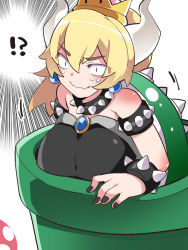 Rule 34 | !?, 1girl, armband, bare shoulders, blush, bowsette, bracelet, brooch, collar, comic, commentary request, crown, eyebrows, hammer (sunset beach), horns, jewelry, long hair, mario (series), nail polish, narrowed eyes, new super mario bros. u deluxe, nintendo, shell, smile, solo, spiked bracelet, spiked collar, spikes, super crown, warp pipe, wavy mouth