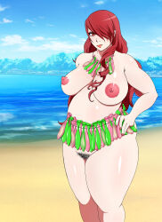 Rule 34 | 1girl, armpit hair, beach, breasts, condom, condom belt, condom necklace, female pubic hair, hair over one eye, highres, huge breasts, kirijou mitsuru, large breasts, long hair, looking at viewer, nipples, nude, persona, persona 3, plump, pubic hair, red eyes, red hair, solo, standing, thick thighs, thighs, used condom, water, zerokuro0