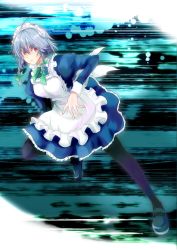 Rule 34 | &gt;:(, 1girl, absurdres, ahoge, apron, bad id, bad pixiv id, blue dress, bow, braid, derivative work, dress, frown, green bow, hair bow, highres, izayoi sakuya, long sleeves, looking at viewer, maid, maid apron, maid headdress, pantyhose, puffy sleeves, red eyes, short hair, silver hair, solo, tk31, touhou, tsurime, twin braids, v-shaped eyebrows, waist apron