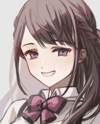 Rule 34 | 1girl, assault lily, bow, bowtie, braid, brown hair, collared shirt, commentary, french braid, fukuyama jeanne sachie, grey background, grin, highres, light blush, long hair, looking at viewer, ludvico private girls&#039; academy school uniform, mole, mole above mouth, mole under mouth, parted lips, pink bow, pink bowtie, pink eyes, portrait, school uniform, shirt, sidelocks, simple background, sketch, smile, solo, suspenders, swept bangs, tareko, white shirt
