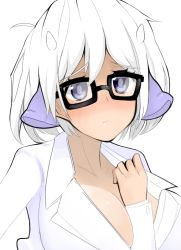 Rule 34 | 1girl, between breasts, blush, breasts, cleavage, dskn, glasses, horns, large breasts, non-web source, original, purple eyes, robot ears, shirt, short hair, solo, white hair