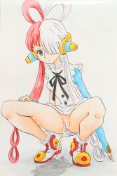 Rule 34 | 1girl, absurdres, ashigaki radar, bar censor, black eyes, black ribbon, blue gloves, breasts, censored, dress, fingerless gloves, gloves, hair over one eye, hair rings, headgear, headphones, highres, long hair, multicolored hair, neck ribbon, no panties, one piece, one piece film: red, pee, peeing, puddle, pussy, red hair, ribbon, shoes, single glove, sleeveless, sleeveless dress, small breasts, solo, twintails, two-tone hair, uta (one piece), white background, white dress, white footwear, white hair