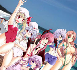 Rule 34 | 6+girls, beach, bikini, bikini shorts, blush, breast envy, breasts, cameltoe, cleavage, dutch angle, fang, female focus, flandre scarlet, flat chest, hand up, hong meiling, izayoi sakuya, koakuma, large breasts, looking at breasts, multiple girls, ocean, one-piece swimsuit, patchouli knowledge, remilia scarlet, sesield, shorts, slingshot swimsuit, sports bikini, swimsuit, embodiment of scarlet devil, touhou
