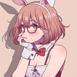 Rule 34 | 1girl, andrian januar adilia, animal ears, bare shoulders, black straps, bow, bowtie, breasts, bright pupils, brown background, brown eyes, brown hair, cleavage, collar, collarbone, commentary, detached collar, double-parted bangs, fake animal ears, fingernails, glasses, hair between eyes, hand on own cheek, hand on own face, head rest, highres, kuriyama mirai, kyoukai no kanata, looking at viewer, medium breasts, open mouth, polka dot, polka dot background, rabbit ears, red-framed eyewear, red bow, red bowtie, short hair, solo, upper body, v-shaped eyebrows, white collar, white pupils, white wrist cuffs, wrist cuffs