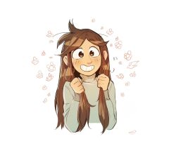 Rule 34 | 1girl, bird, blush, brown eyes, brown hair, flower, green sweater, grin, highres, holding, holding hair, korean commentary, libby stein-torres, long hair, looking at viewer, messy hair, quiroring, sidelocks, signature, simple background, smile, solo, sweater, the ghost and molly mcgee, turtleneck, turtleneck sweater, upper body, white background