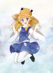 Rule 34 | 1girl, :d, black footwear, blonde hair, blue eyes, blue skirt, blue vest, blush, breasts, clenched hands, colored pencil (medium), commentary request, full body, graphite (medium), hair ribbon, hands up, highres, looking at viewer, medium hair, midair, moriya suwako, nakagawa wataru, nose blush, open mouth, pyonta, red ribbon, ribbon, shirt, shoes, sidelocks, skirt, small breasts, smile, solo, tareme, thighhighs, touhou, traditional media, turtleneck, vest, water drop, white shirt, white thighhighs, wide sleeves, zettai ryouiki