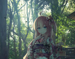 Rule 34 | 1girl, ahoge, alternate costume, bad id, bad pixiv id, bell, blue eyes, closed mouth, commentary, day, falling leaves, finger to mouth, floral print, forest, hair bell, hair between eyes, hair ornament, hair ribbon, hololive, index finger raised, japanese clothes, kimono, koyuki ekaki, leaf, long hair, looking at viewer, nature, obi, outdoors, pink hair, ribbon, sakura miko, sash, seigaiha, side ponytail, smile, solo, upper body, virtual youtuber, x hair ornament