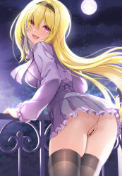 Rule 34 | 1girl, anus, arm support, ass, bar censor, blonde hair, blush, breasts, censored, clothes lift, dress, full moon, hair between eyes, hairband, highres, idolmaster, idolmaster cinderella girls, kurosaki chitose, long hair, long sleeves, looking at viewer, looking back, medium breasts, mk (mod0), moon, no panties, open mouth, purple dress, pussy, railing, red eyes, skindentation, skirt, skirt lift, sky, smile, solo, star (sky), starry sky, thighhighs, very long hair