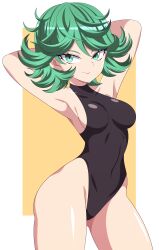 Rule 34 | 1girl, absurdres, abysswatchers, alternate breast size, armpits, arms behind head, black leotard, breasts, closed mouth, collarbone, covered navel, cowboy shot, curly hair, green eyes, green hair, highres, leotard, looking at viewer, matching hair/eyes, medium breasts, one-punch man, shiny clothes, shiny skin, short hair, simple background, skin tight, smile, solo, standing, tatsumaki, white background, yellow background