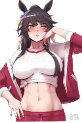 Rule 34 | 1girl, absurdres, animal ears, arm up, bandaid, bandaid on face, bandaid on nose, black hair, blunt bangs, blush, breasts, breasts apart, collarbone, commentary, cowboy shot, dated, ear ornament, groin, gym shirt, gym uniform, hair between eyes, hand on own hip, highres, horse ears, horse girl, jacket, large breasts, long hair, long sleeves, looking to the side, midriff, narita brian (umamusume), navel, off shoulder, open clothes, open jacket, pants, parted lips, ponytail, red jacket, red pants, shirt, sidelocks, simple background, solo, standing, sumiosmith, sweat, swept bangs, tied shirt, umamusume, white background, white shirt, yellow eyes