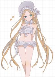 Rule 34 | 1girl, :o, abigail williams (fate), abigail williams (swimsuit foreigner) (fate), abigail williams (swimsuit foreigner) (third ascension) (fate), aqua eyes, armpit crease, bare legs, bare shoulders, bikini, blonde hair, bow, bowtie, dot nose, fate/grand order, fate (series), feet out of frame, forehead, frilled bikini, frills, grid background, hair bow, halftone, headdress, highres, long hair, looking at viewer, navel, parted bangs, parted lips, solo, standing, swimsuit, twitter username, very long hair, white background, white bikini, white bow, white bowtie, yayoripain