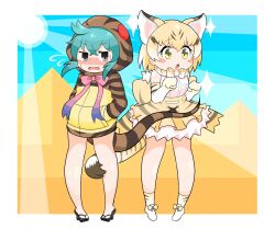 Rule 34 | 2girls, animal ears, back bow, bare legs, bare shoulders, blonde hair, blue eyes, blush, bow, bowtie, brown hair, brown hoodie, cat ears, cat girl, cat tail, elbow gloves, extra ears, frilled skirt, frills, geta, gloves, hair between eyes, hands in pockets, high-waist skirt, highres, hood, hood up, hoodie, kanimiso na double, kemono friends, multicolored hair, multiple girls, nose blush, open mouth, print bow, print bowtie, print gloves, print hoodie, print skirt, print socks, pyramid (structure), sand cat (kemono friends), sand cat print, shirt, shoes, short hair, sidelocks, skirt, sleeveless, snake girl, snake print, snake tail, socks, sparkle, sweatdrop, tail, tail around another&#039;s leg, tengu-geta, tsuchinoko (kemono friends), wavy mouth, white footwear, white shirt, yellow eyes, yellow hoodie