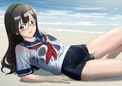 Rule 34 | 1girl, anchor symbol, beach, black hair, black one-piece swimsuit, blue sailor collar, blush, glasses, green eyes, green hairband, hairband, highres, kantai collection, long hair, looking at viewer, mikan 29344886, neckerchief, one-piece swimsuit, ooyodo (kancolle), parted lips, red neckerchief, sailor collar, school swimsuit, short sleeves, solo, swimsuit, swimsuit under clothes, water, wet, wet clothes