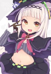 Rule 34 | 1girl, :d, black capelet, black hat, black skirt, blunt bangs, blush, brown eyes, brown gloves, capelet, commentary request, crop top, dated, fang, gloves, grey background, hair bun, hair ornament, hand up, happy birthday, hat, highres, hime cut, hololive, light purple hair, long hair, long sleeves, looking at viewer, midriff, murasaki shion, murasaki shion (1st costume), navel, okota mikan, open mouth, pinstripe pattern, pinstripe shirt, pleated skirt, ribbon, shirt, side bun, simple background, single hair bun, single side bun, skirt, sleeves past wrists, smile, solo, stomach, striped clothes, striped shirt, two-tone background, v, v-shaped eyebrows, vertical-striped clothes, vertical-striped shirt, very long hair, virtual youtuber, white background, white hair, witch hat, yellow eyes