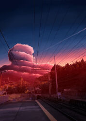 aobara1101 cloud fence gradient_sky highres lamppost night night_sky no_humans orange_sky original outdoors overhead_line power_lines railroad_tracks scenery sky train train_station tree utility_pole