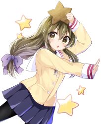 Rule 34 | &gt;:o, 1girl, :o, arm up, black pantyhose, blue skirt, bow, brown eyes, brown hair, buttons, clannad, cowboy shot, floating hair, from side, hair between eyes, hair bow, highres, holding, ibuki fuuko, jacket, light blush, long hair, long sleeves, looking at viewer, low-tied long hair, mani (second-dimension), open mouth, outstretched arm, outstretched arms, pantyhose, pleated skirt, purple bow, sailor collar, school uniform, serafuku, sidelocks, sideways glance, simple background, skirt, sleeves past wrists, solo, star (symbol), v-shaped eyebrows, white background, white sailor collar, yellow jacket