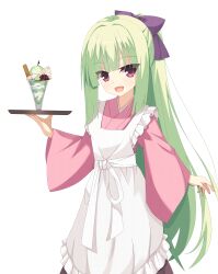 Rule 34 | 1girl, :d, absurdres, apron, arm at side, blunt bangs, blunt ends, bow, commentary request, cowboy shot, eyelashes, frilled apron, frills, grey hair, hair bow, half updo, hand up, highres, hime cut, holding, holding tray, japanese clothes, kaon zz, kimono, long hair, long sleeves, looking at viewer, maid, maid apron, murasame (senren), open mouth, parfait, pink kimono, purple bow, red eyes, senren banka, sidelocks, simple background, smile, solo, standing, straight hair, tray, very long hair, wa maid, white apron, white background, wide sleeves