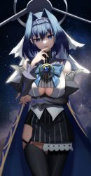 Rule 34 | 1girl, absurdres, arm under breasts, asymmetrical legwear, bad id, bad pixiv id, black thighhighs, blue eyes, blue hair, bow, breasts, cape, chain, chain headband, cleavage cutout, clock hands, clothing cutout, detached sleeves, hair intakes, halo, hand up, head chain, highres, hololive, hololive english, jewelry, large breasts, mechanical halo, miniskirt, night, night sky, ouro kronii, ouro kronii (1st costume), parted lips, poise, short hair, skirt, sky, smile, striped clothes, striped skirt, thighhighs, veil, vertical stripes, virtual youtuber