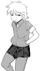 Rule 34 | 1girl, greyscale, hands in pockets, jitome, monochrome, original, pants, pants under skirt, pleated skirt, simple background, skirt, sleeves rolled up, solo, track suit, tsukudani (coke-buta)